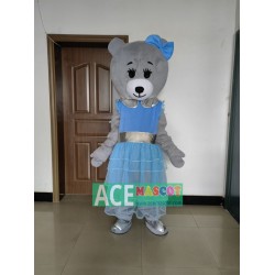Grey Teddy Bear Mascot Costume with Blue Dress