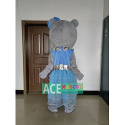 Grey Teddy Bear Mascot Costume with Blue Dress