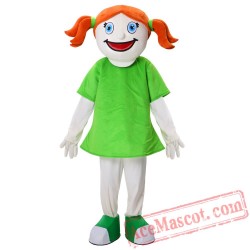 Smiling Face Girl Mascot Costume Orange Hair With Green Dress